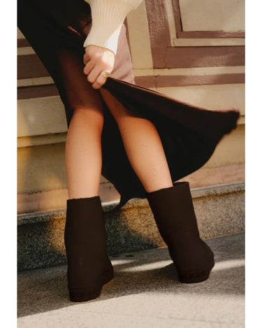 Vegan ugg-like boots chocolate brown with black faux fur
