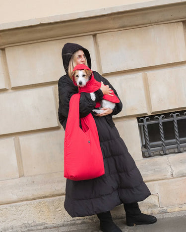 Person wearing a black skirt with a small dog, standing against a beige wall.