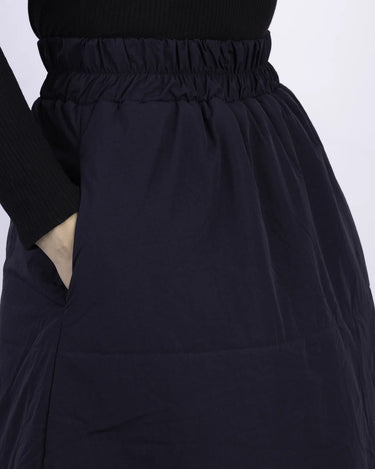 Navy blue vegan skirt with gathered elastic waistband made from recycled materials, featuring side pockets. - The New Orchard - Navy Blue / S