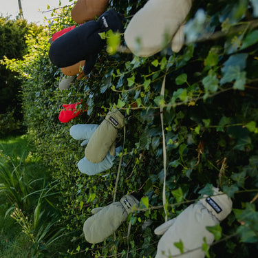 Set of vegan winter gloves in cinnamon, beige, gray, and black made from recycled materials hanging outdoors on a leafy wall. - The New Orchard - ⁠Fresh Cinnamon