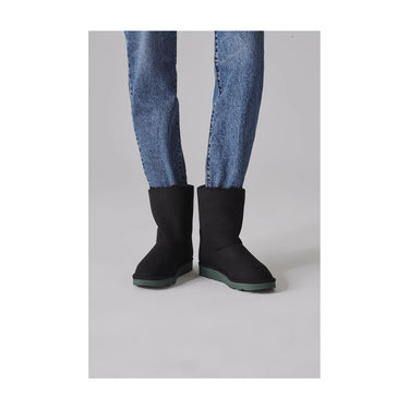 Black with green sole faux fur boots – vegan mid-length