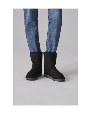 Black with green sole faux fur boots – vegan mid-length