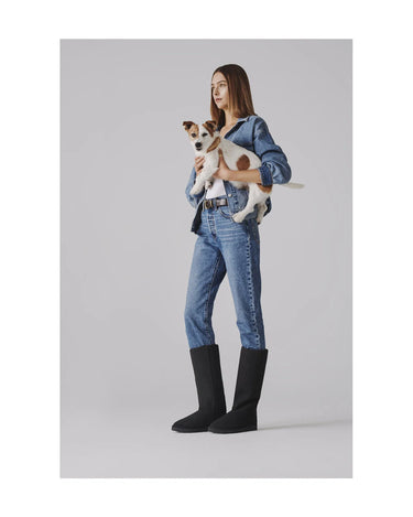 Black knee-high vegan boots with luxury crystal design