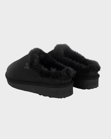 Black recycled ugg-like slippers sustainable warm footwear