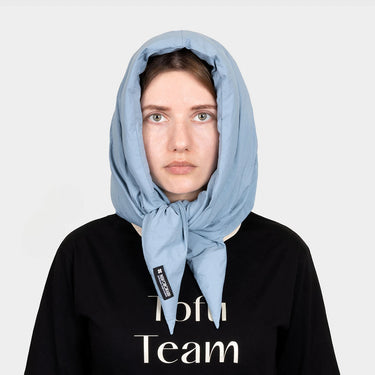 Blue recycled hooded scarf eco friendly winter headwear