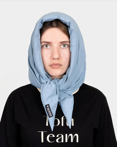Blue recycled hooded scarf eco friendly winter headwear