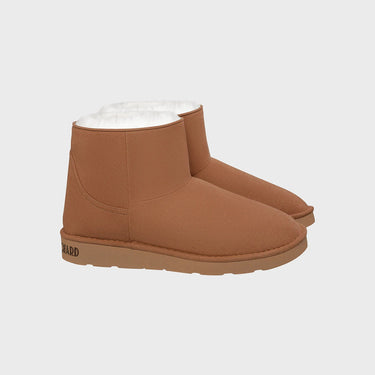 Caramel brown mid-ankle vegan boots with faux fur