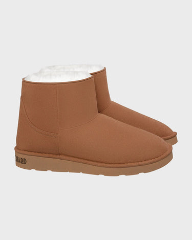 Caramel brown mid-ankle vegan boots with faux fur