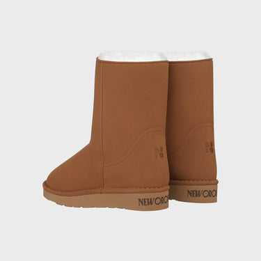Caramel brown mid-calf vegan boots with faux fur lining