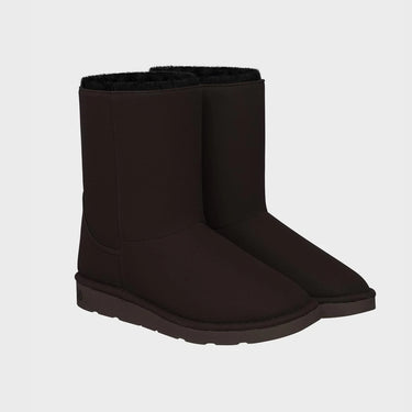 Chocolate brown vegan mid-calf boots with black faux fur