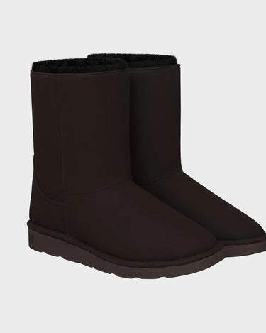 Chocolate brown vegan mid-calf boots with black faux fur
