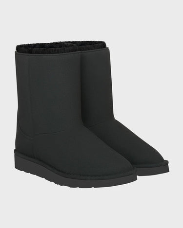 Pair of vegan black boots on a light gray background