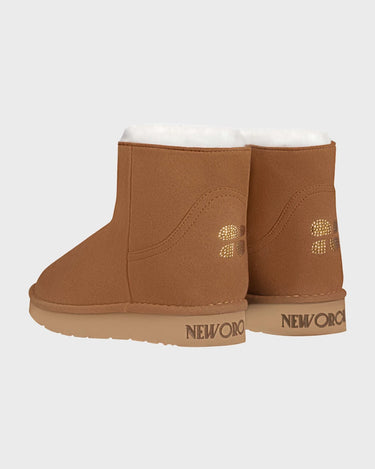 Cruelty-free caramel ankle boots with crystal embellishment
