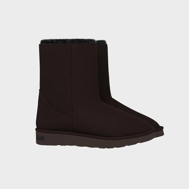 Cruelty-free chocolate brown boots with black faux fur