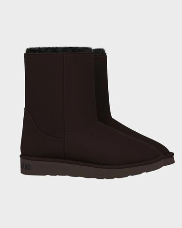 Cruelty-free chocolate brown boots with black faux fur