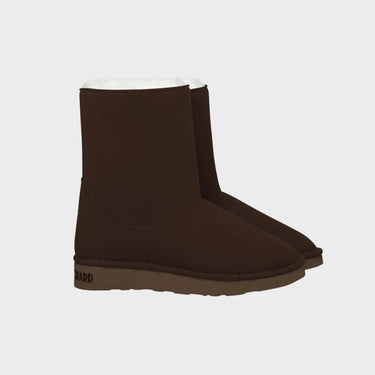 Cruelty-free dark brown boots with white faux fur – ugg-inspired