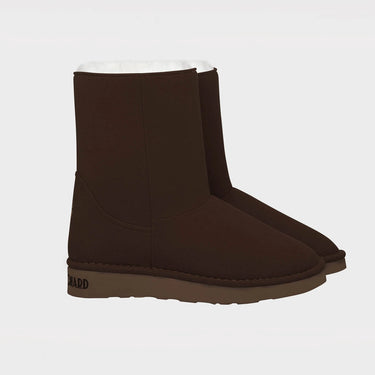 Cruelty-free dark brown boots with white faux fur – ugg-inspired