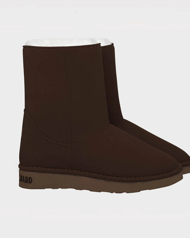 Cruelty-free dark brown boots with white faux fur – ugg-inspired