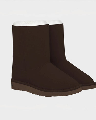 Dark brown vegan mid-calf boots with white faux fur lining