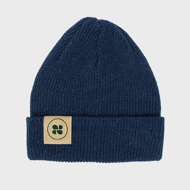 Eco-conscious blue beanie made with recycled fabrics