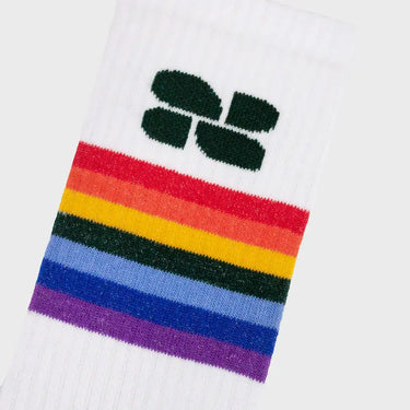 Ethical cotton pride socks in white with rainbow