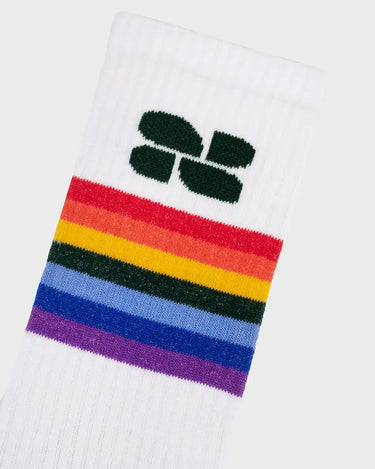 Ethical cotton pride socks in white with rainbow
