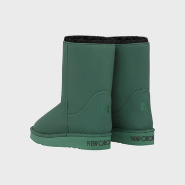 Green mid-calf vegan boots with faux fur lining