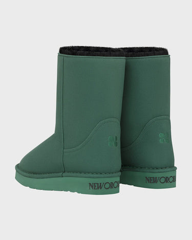 Green mid-calf vegan boots with faux fur lining