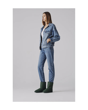 Green vegan cold-weather boots with faux fur