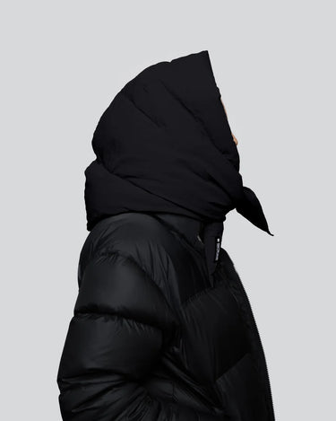 Black vegan winter puffer jacket with recycled materials and an oversized hood knot detail. - The New Orchard - Charcoal Black