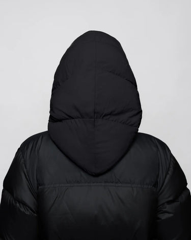 Black padded winter capuche with hood, made from vegan recycled materials, charcoal black variant. - The New Orchard - Charcoal Black