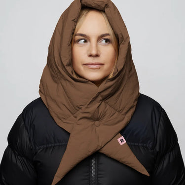 Warm brown vegan winter capuche made from recycled materials, styled over a black puffer jacket. - The New Orchard - Warm Brown