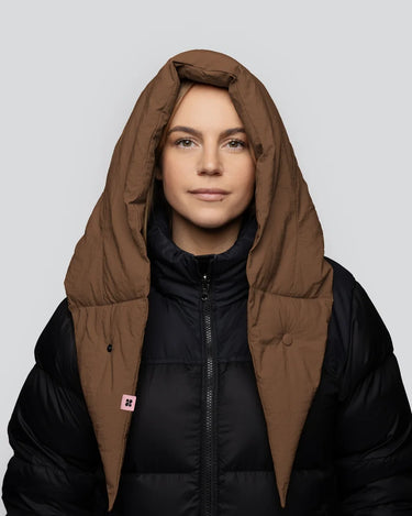 Warm brown vegan capuche hood made from recycled materials worn over black puffer jacket. - The New Orchard - Warm Brown