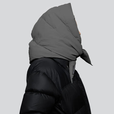 Black puffer jacket with light grey vegan hood made from recycled materials, side view. - The New Orchard - Light Grey