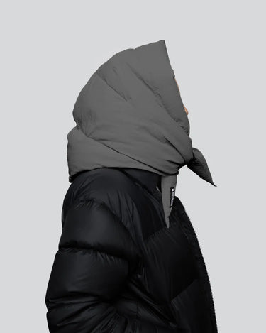 Black puffer jacket with light grey vegan hood made from recycled materials, side view. - The New Orchard - Light Grey