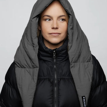 Light grey vegan winter capuche made from recycled materials, worn over black puffer jacket. - The New Orchard - Light Grey