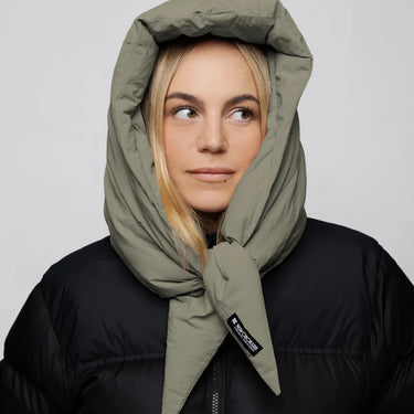 Khaki vegan winter capuche made from recycled materials, worn with black puffer jacket. - The New Orchard - Natural Khaki