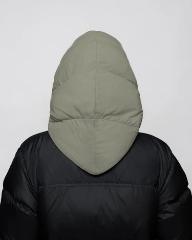Khaki vegan recycled materials winter capuche hood attached to black puffer jacket back view. - The New Orchard - Natural Khaki