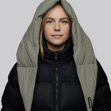Natural khaki vegan hood made from recycled materials on black puffer jacket. - The New Orchard - Natural Khaki