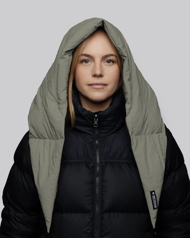 Natural khaki vegan hood made from recycled materials on black puffer jacket. - The New Orchard - Natural Khaki