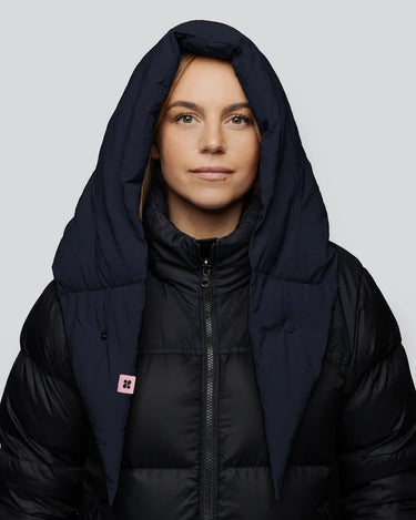Navy blue vegan winter capuche with padded recycled material hood on black puffer jacket. - The New Orchard - ⁠Navy Blue