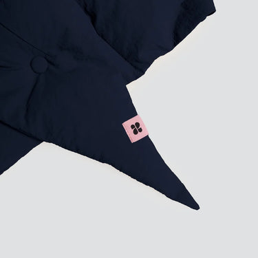 Navy blue vegan winter capuche made from recycled materials with adjustable drawstring and pink logo tag. - The New Orchard - ⁠Navy Blue