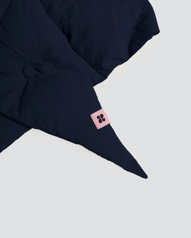 Navy blue vegan winter capuche made from recycled materials with adjustable drawstring and pink logo tag. - The New Orchard - ⁠Navy Blue