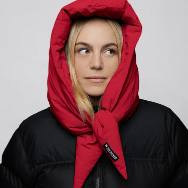 Vivid red vegan winter hood made from recycled materials, styled with black puffer jacket. - The New Orchard - Vivid Red