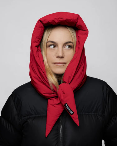 Vivid red vegan winter hood made from recycled materials, styled with black puffer jacket. - The New Orchard - Vivid Red