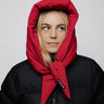 Vivid red vegan winter hood made from recycled materials, styled with black puffer jacket. - The New Orchard - Vivid Red