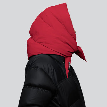 Vivid red vegan hood with recycled material paired with black puffer jacket. - The New Orchard - Vivid Red