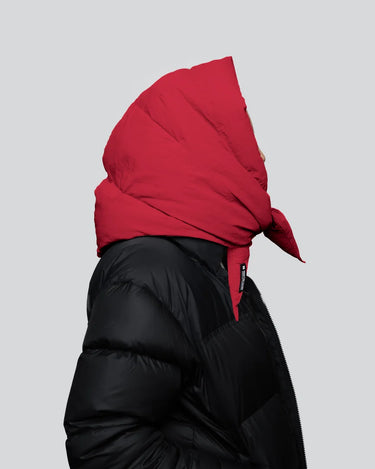Vivid red vegan hood with recycled material paired with black puffer jacket. - The New Orchard - Vivid Red