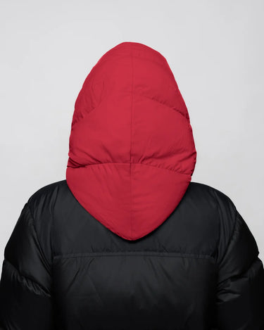 Vivid red vegan hood made from recycled materials on black puffer jacket back view. - The New Orchard - Vivid Red