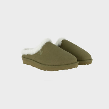 Khaki green faux suede slippers vegan eco friendly winter comfort